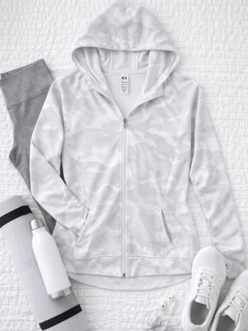 RBX Gray White Camo Zip Up Hoodie Athletic Jacket Size M Lightweight Stretch - Picture 2 of 7